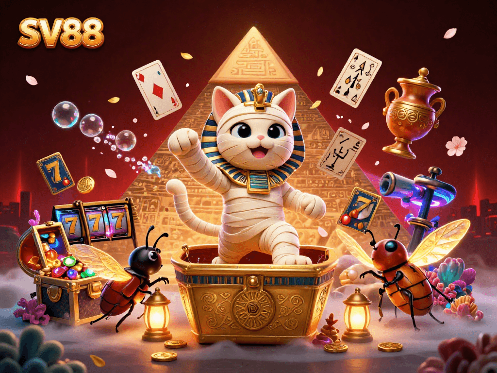 SV88 showcases a vibrant casino scene with an Egyptian mummy cat and glowing treasures.