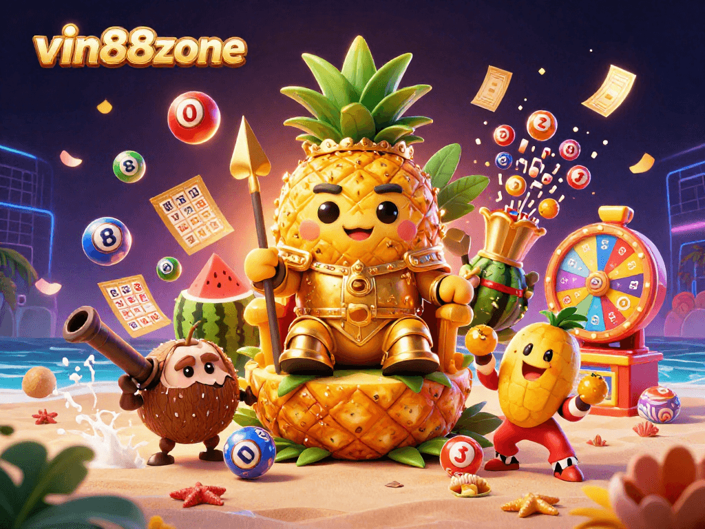 Experience the excitement of vin88zone at this colorful beach casino, featuring a lively pineapple king and a vibrant atmosphere.