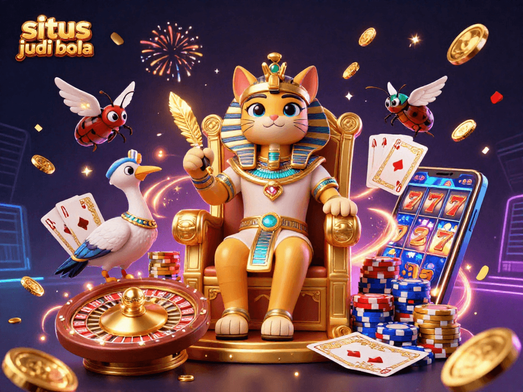 Engage with the excitement of situs judi bola in a vibrant casino-themed 3D illustration, featuring enchanting characters and game elements.