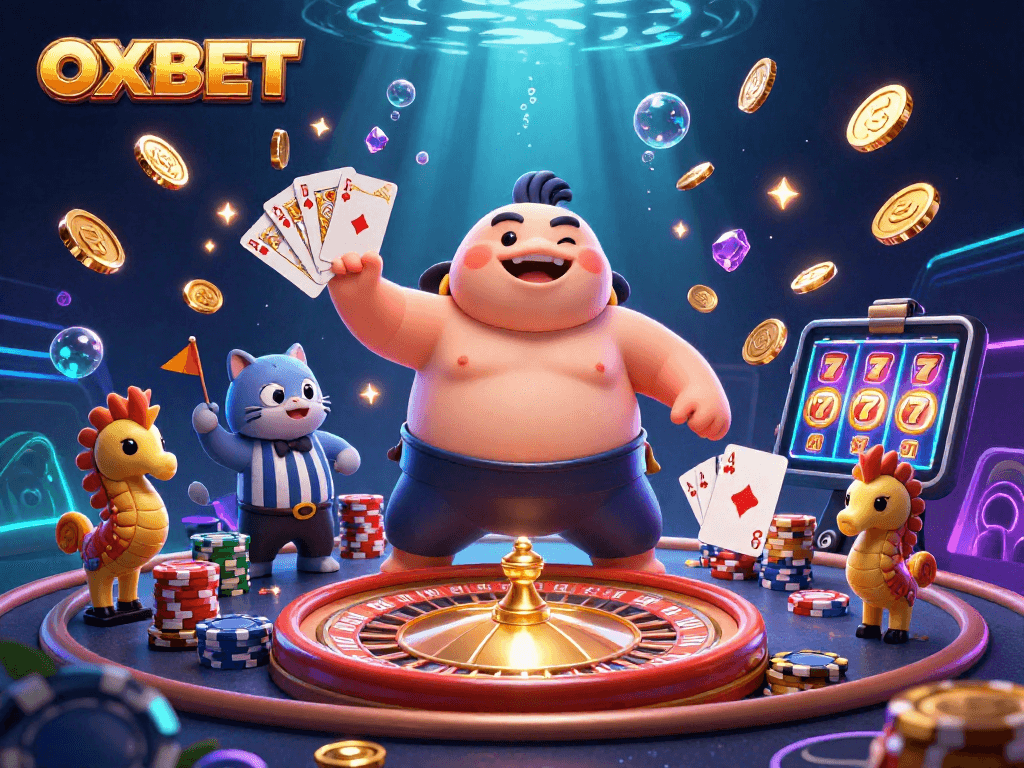 Play exciting games at OXBET with a vibrant underwater casino illustration featuring a blowfish and catfish.