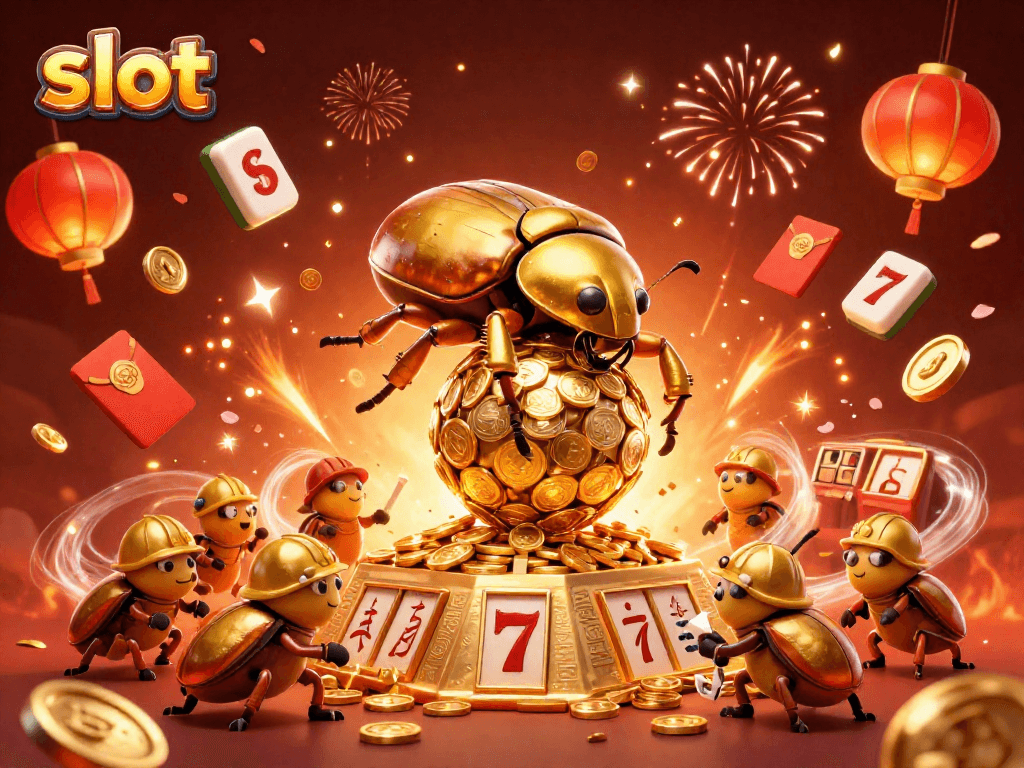 Experience thrilling slot gameplay with golden beetles in a vibrant casino scene.