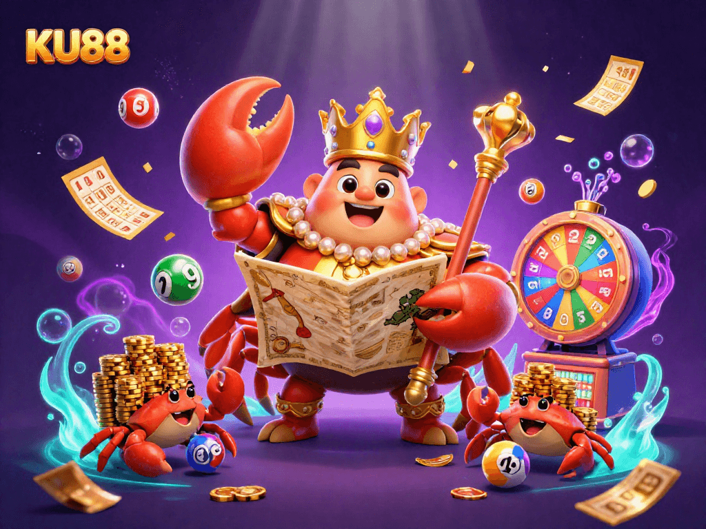 Engage with KU88's vibrant lottery gaming scene dominated by a golden crab emperor amidst colorful elements.