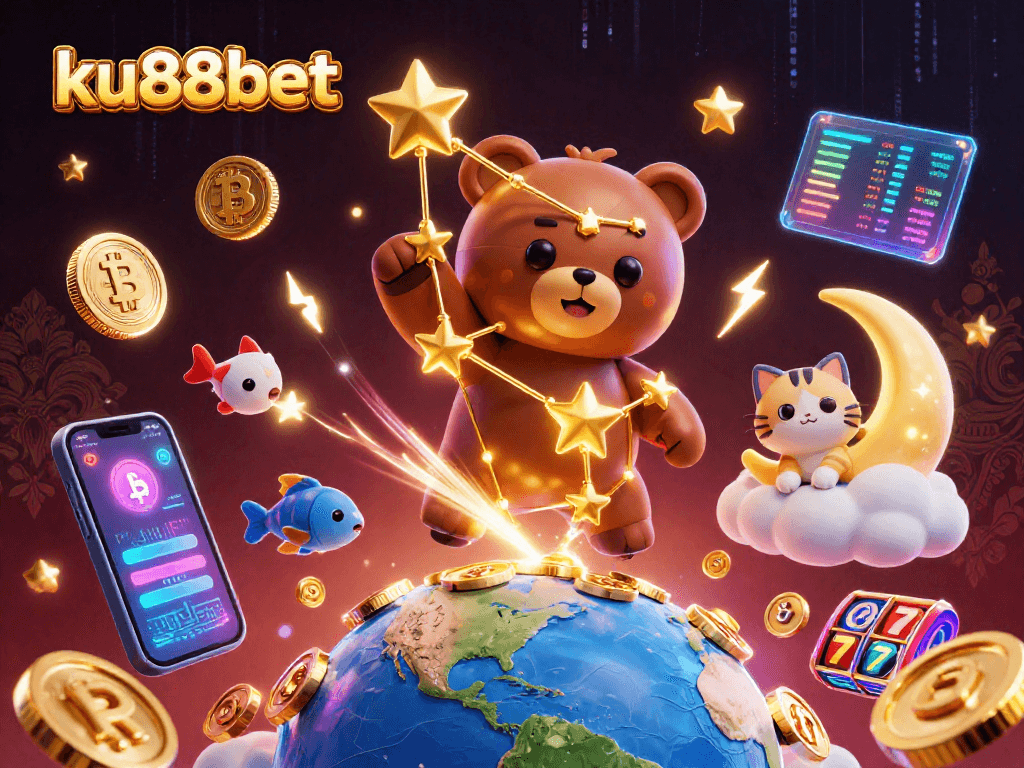 ku88bet showcases a constellation bear surrounded by vibrant 3D coins and slot reels