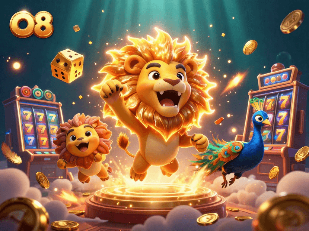 Engage with O8's vibrant casino gaming scene featuring golden dice and roaring lion.