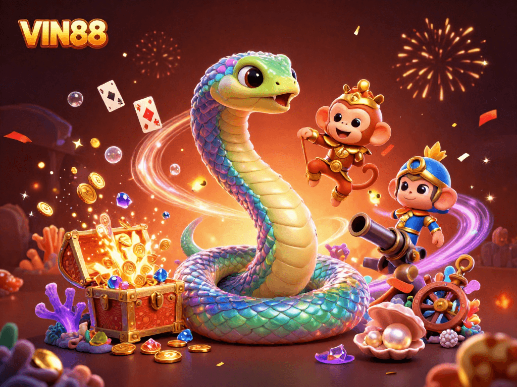 Experience thrilling wins at VIN88 with vibrant 3D casino illustration of colorful characters and treasure.