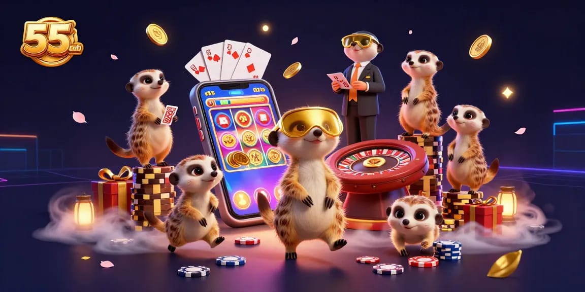 Engage with vibrant casino action at 55club featuring meerkats running the games.
