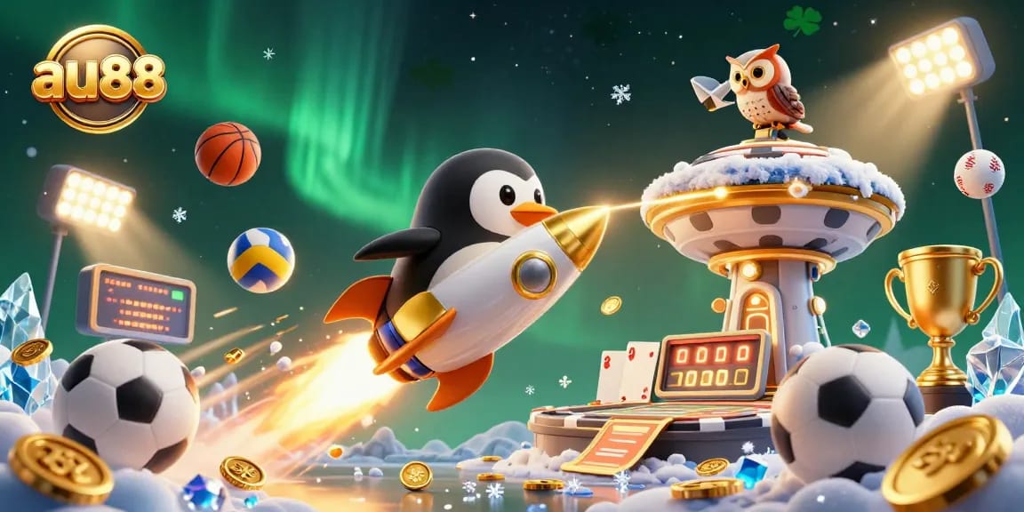 Win big at au88 with a golden penguin blasting through space, amidst dynamic sports themes and casino elements.