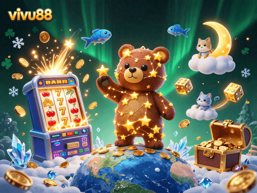 Engage with vivu88's thrilling gameplay in this vibrant 3D casino illustration featuring gold coins and dynamic game elements.