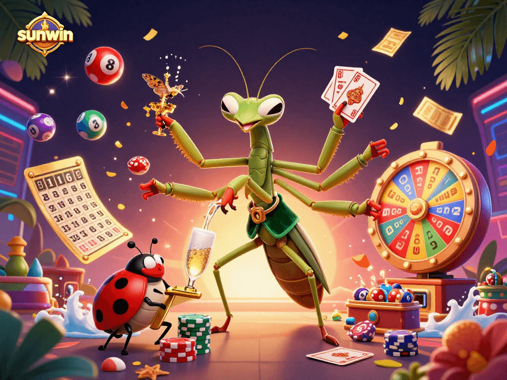 Engage with sunwin's vibrant casino action featuring a giant mantis dealer amidst lively game elements.