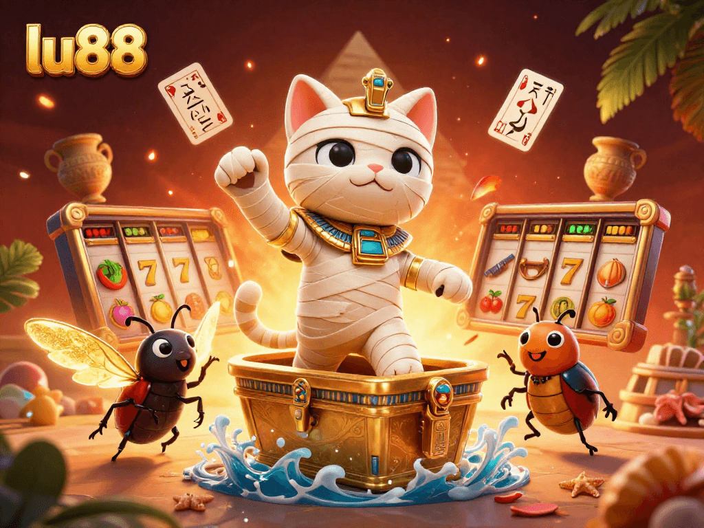 Spin with lu88 as a mummy cat celebrates wins in a vibrant casino scene.