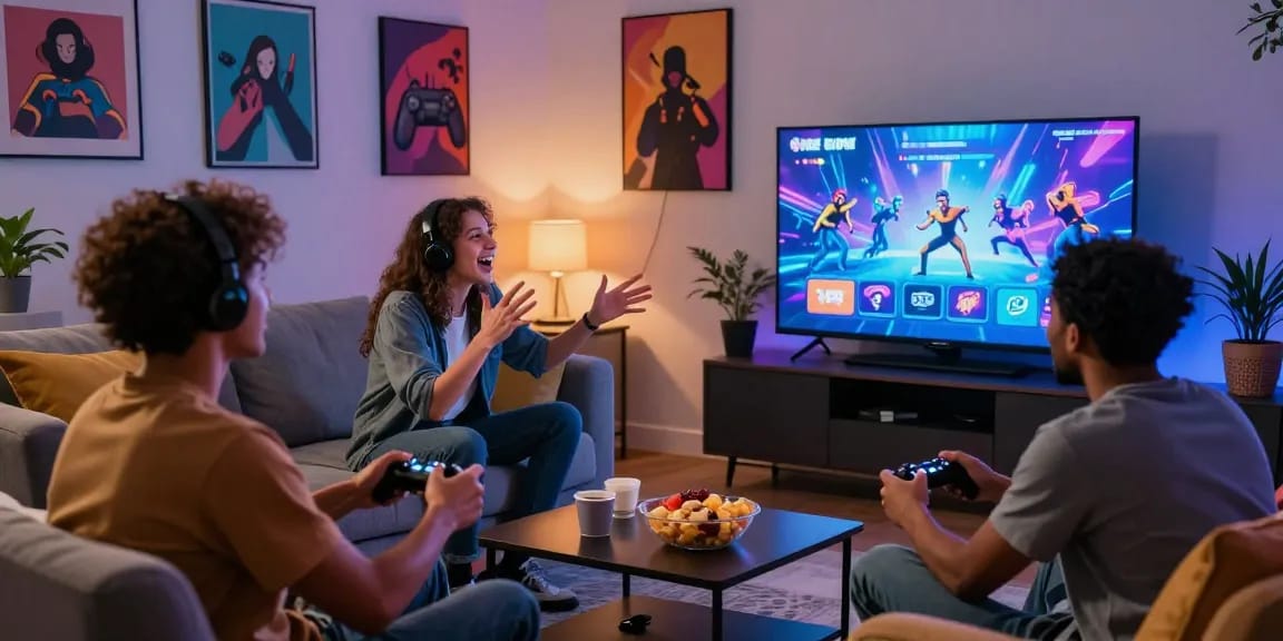 Young adults enjoying a free porn game in a stylish living room with vibrant decor.