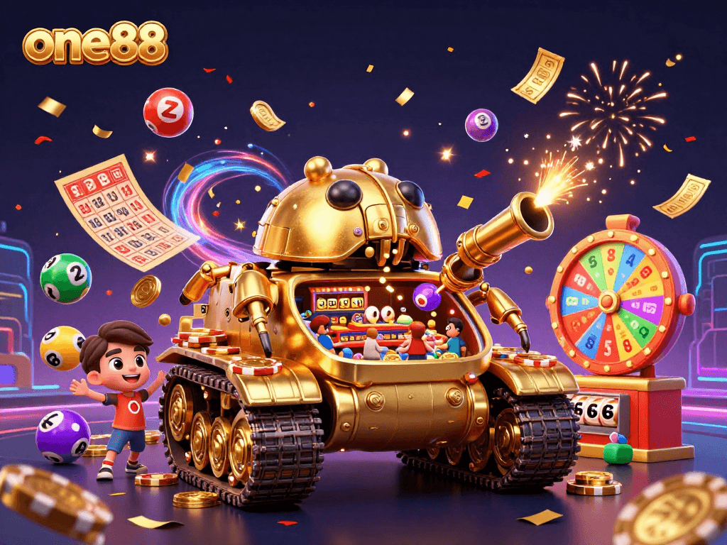 Experience the excitement of one88 with a massive golden beetle tank revealing a miniature casino