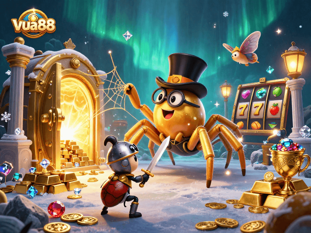 Engage with the vibrant world of vua88 featuring a golden tarantula and beetle knight amidst a lively casino scene.