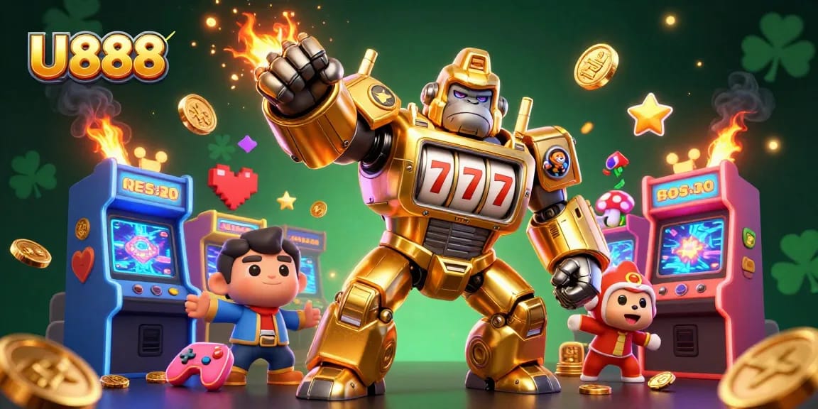 Spin your luck with U 888's vibrant casino experience featuring a golden mech and game elements.