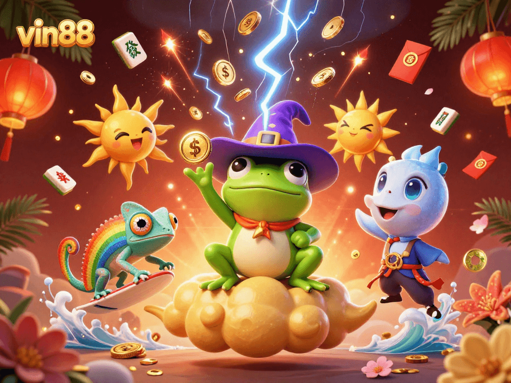 Winning at vin88 with vibrant 3D characters and casino-themed elements creating excitement.