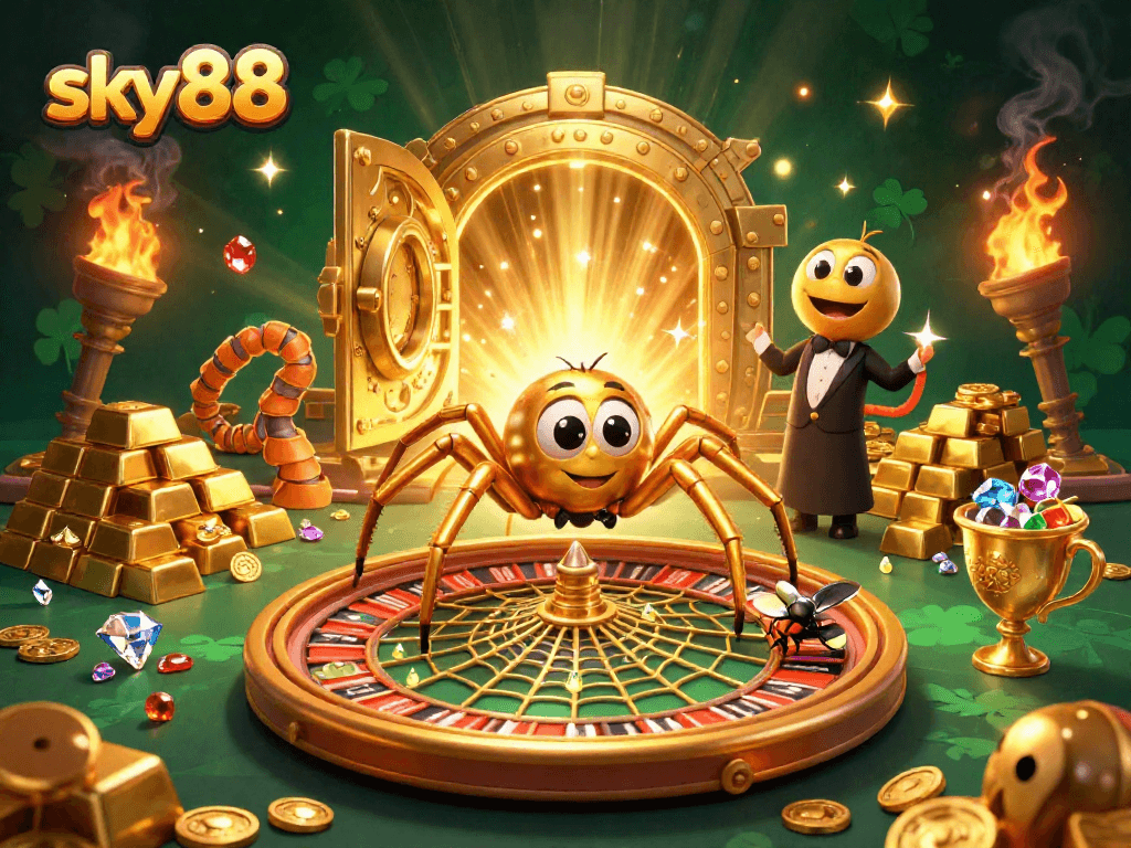 Engage in thrilling bets at sky88, with a spider and croupier spinning a golden roulette web.