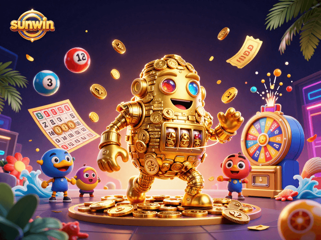 Win big with sunwin in a dynamic casino scene featuring a golden golem and lottery elements.