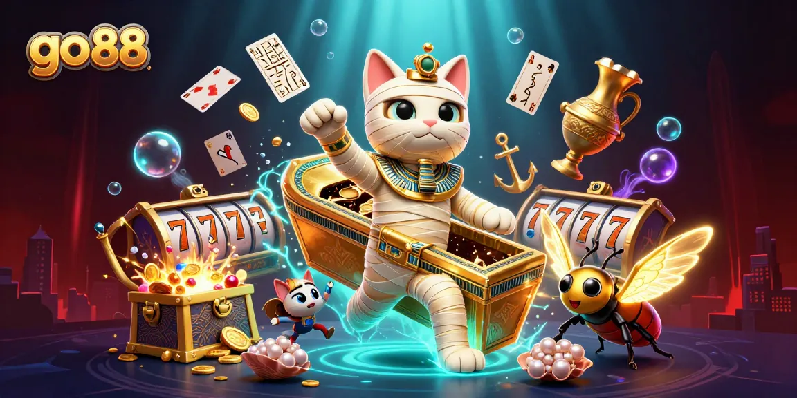 Engage with go 88's thrilling jackpot scene featuring a mummy cat and glowing treasures.