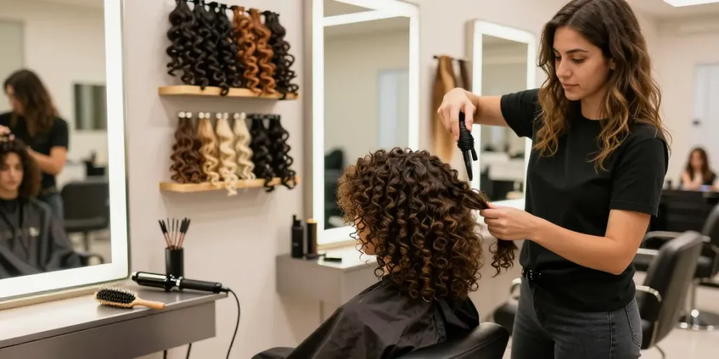 Expert stylist applying curly hair extensions in modern salon environment