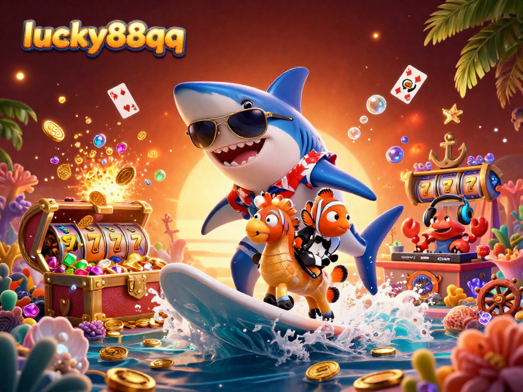 Engage in thrilling gameplay with lucky88qq's vibrant 3D casino scene featuring a shark surfer.