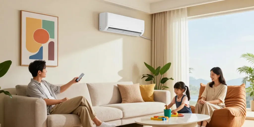 Family enjoying comfort from a mini split AC unit in a stylish living room.