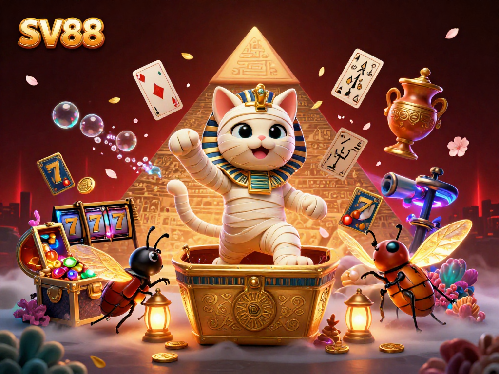 SV88 showcases a vibrant casino scene with an Egyptian mummy cat and glowing treasures.