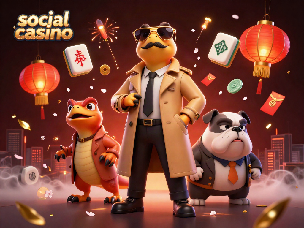 Experience the vibrant energy of a social casino with raptors in a trench coat trying to sneak into a VIP lounge.