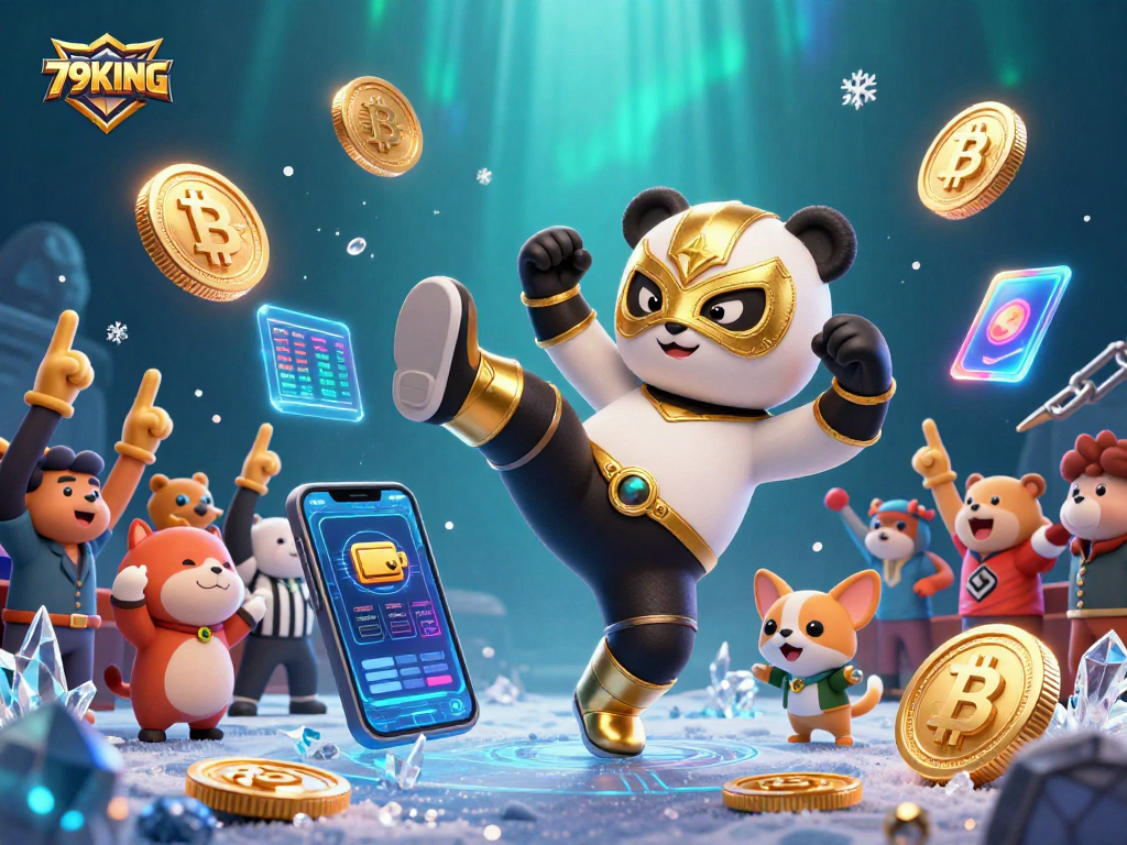 Experience the thrilling action at 79KING with a panda wrestler and crypto elements in vibrant 3D!