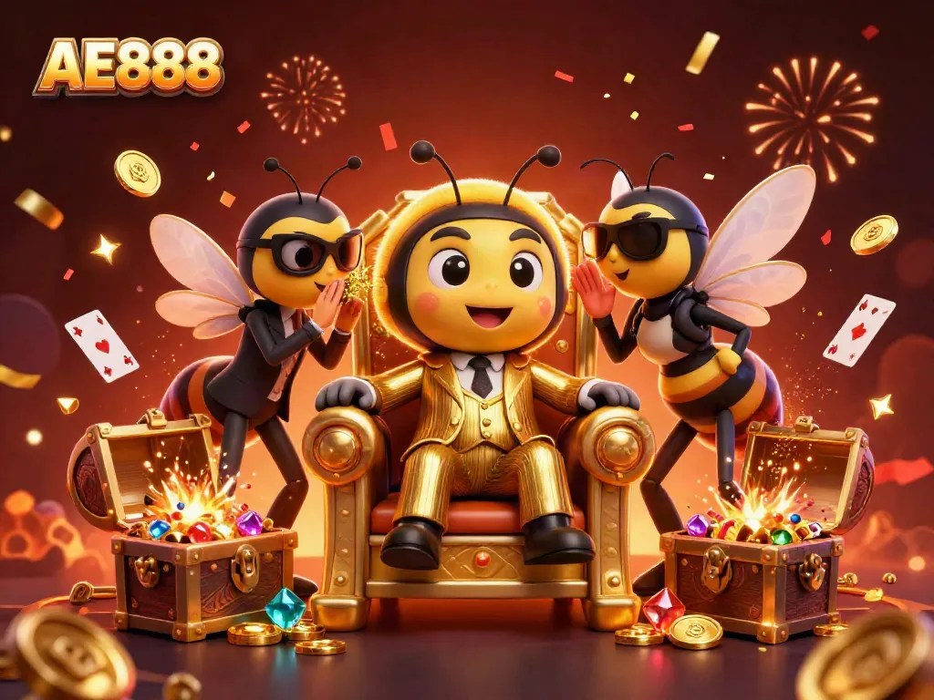 Experience the vibrant casino energy of AE888 with an illustration featuring a unique bumblebee mob boss in a lively scene.