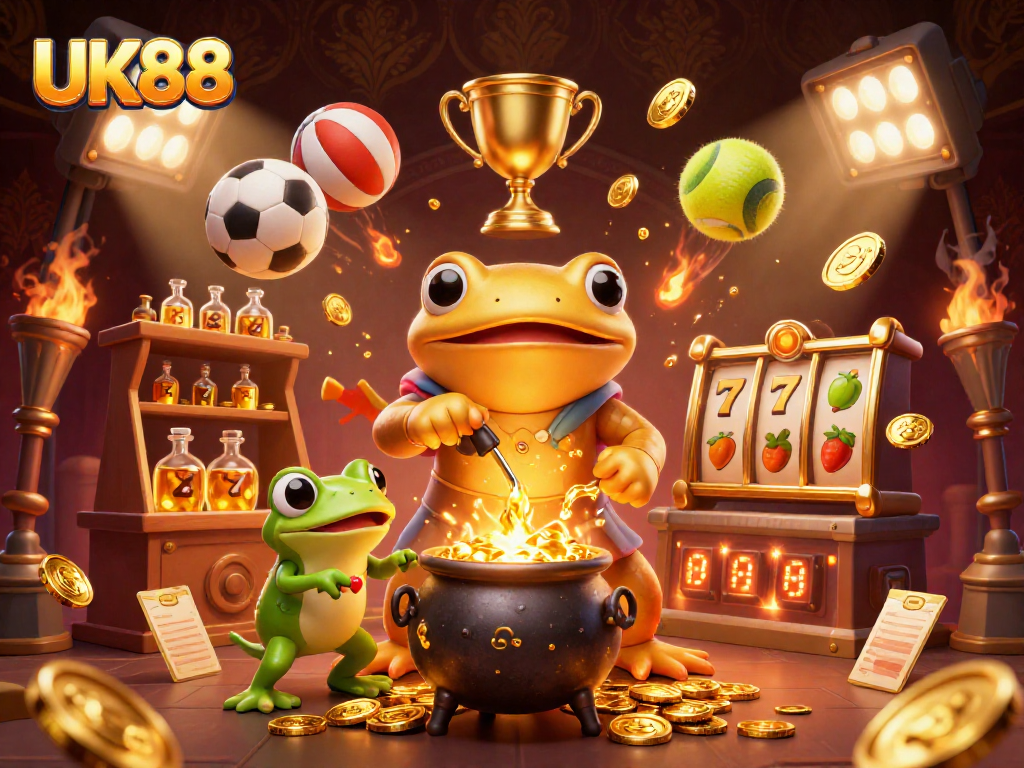 UK88 showcases a golden salamander alchemist and sports betting elements in a dynamic casino scene.