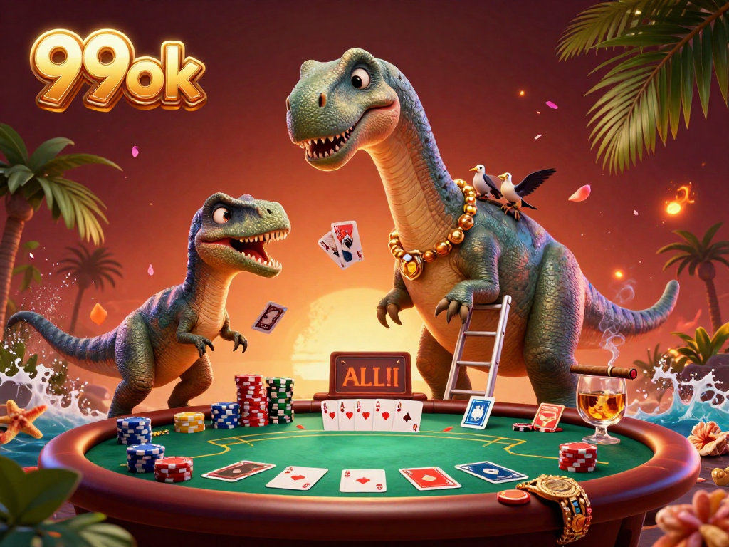 Experience the excitement of poker at 99ok with a playful brontosaurus and raptor dealer in a vibrant casino.