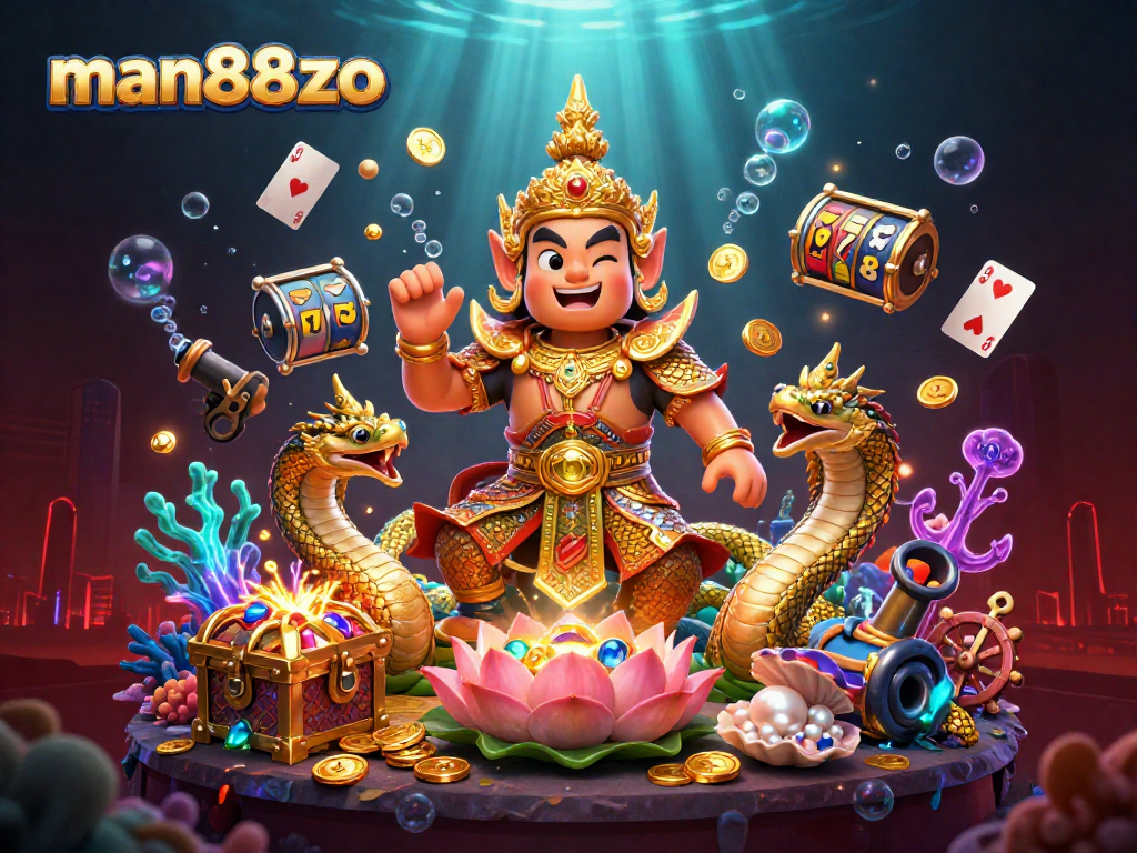 Experience exhilarating play with man88zo in a vibrant 3D fantasy casino world, featuring treasure, slots, and guardians.