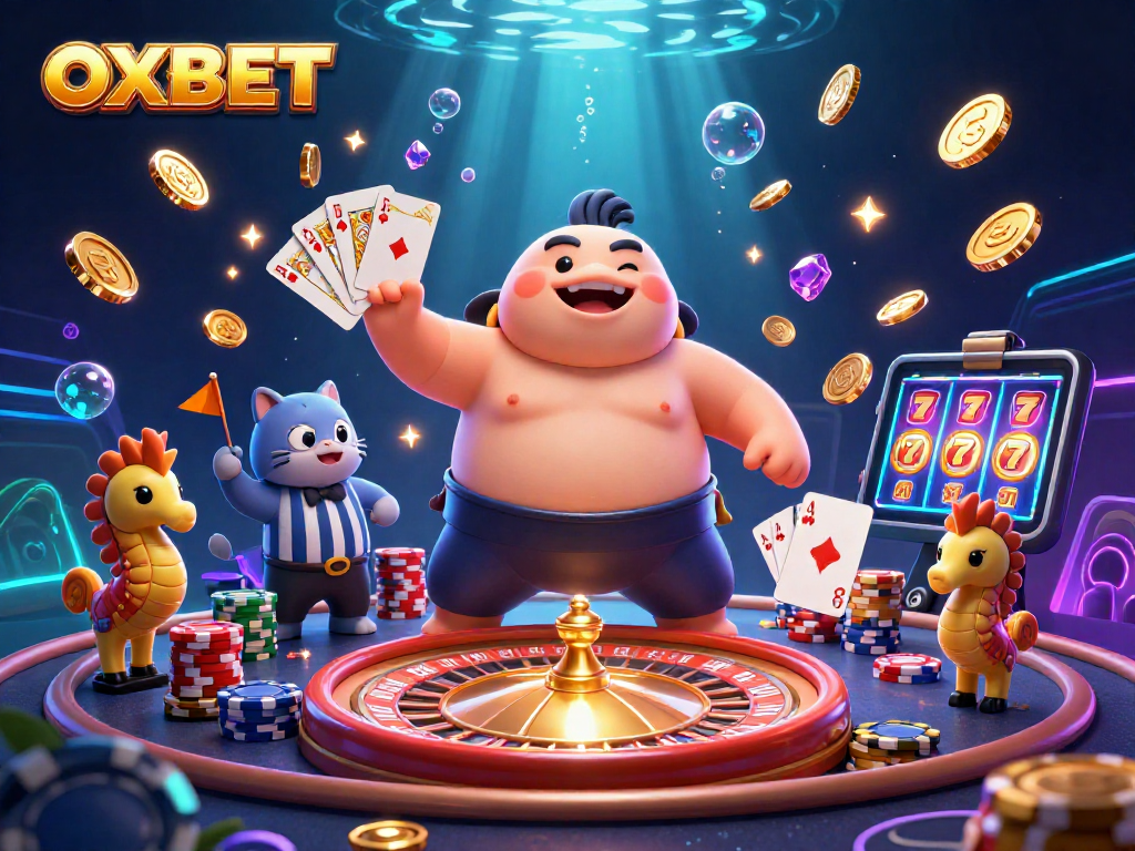 Play exciting games at OXBET with a vibrant underwater casino illustration featuring a blowfish and catfish.