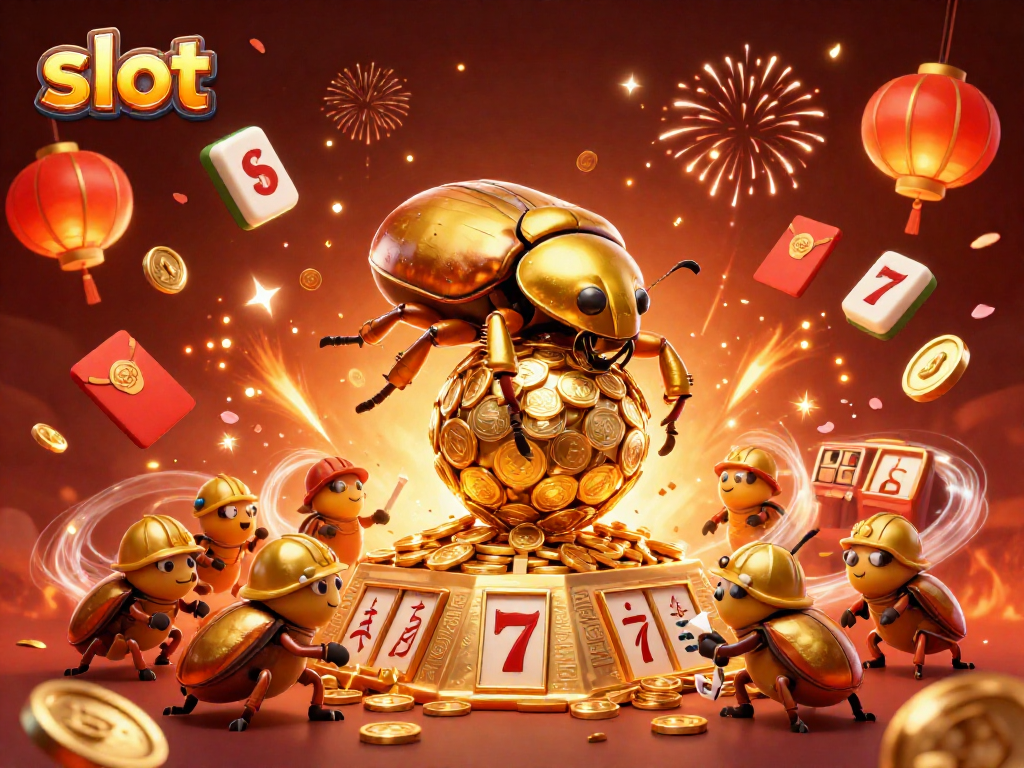 Experience thrilling slot gameplay with golden beetles in a vibrant casino scene.
