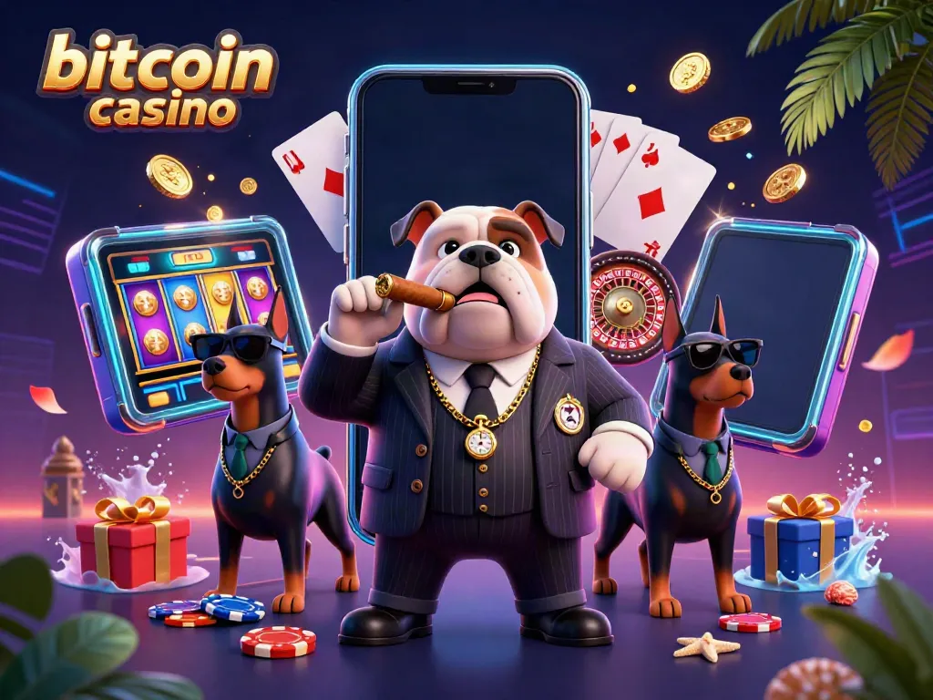Enjoying a bitcoin casino experience with a bulldog mob boss and Doberman bodyguards amidst vibrant game elements