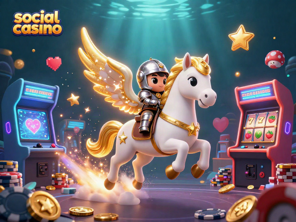 Engage in the vibrant world of social casinos with our animated 3D illustration featuring a majestic horse and casino elements.