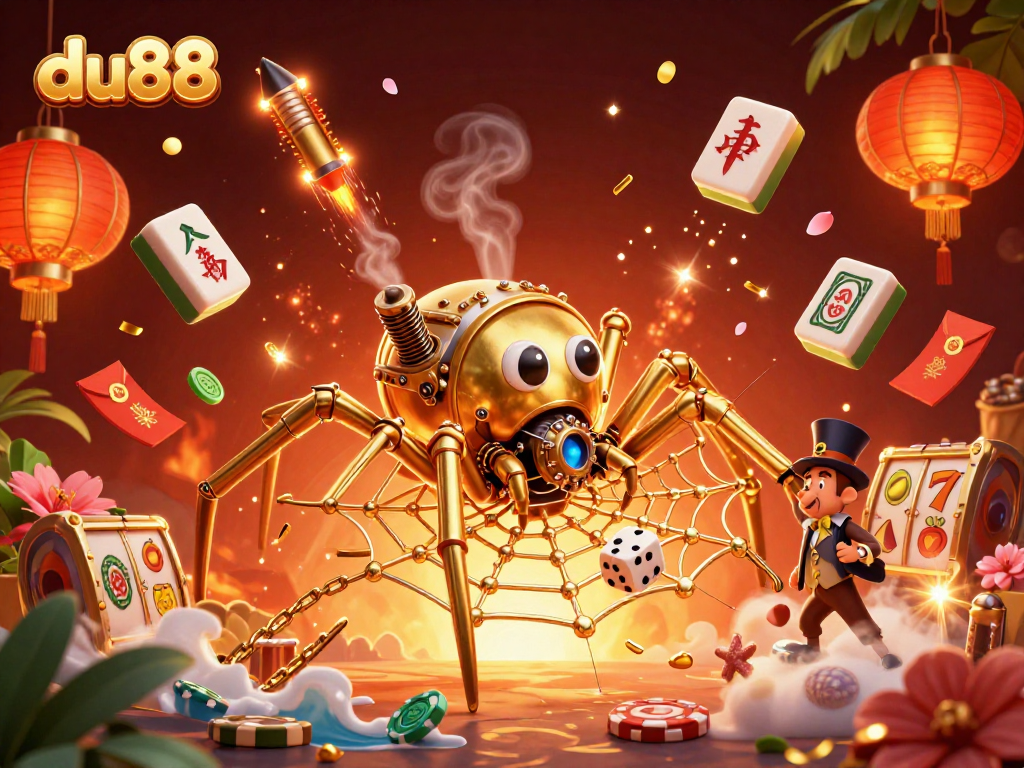Engage with exciting games at du88, featuring a vibrant 3D illustration of steampunk elements and slot motifs.
