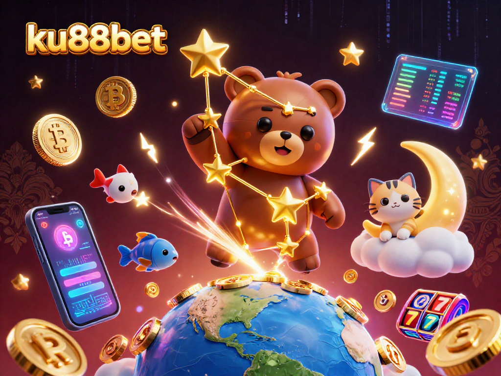 ku88bet showcases a constellation bear surrounded by vibrant 3D coins and slot reels