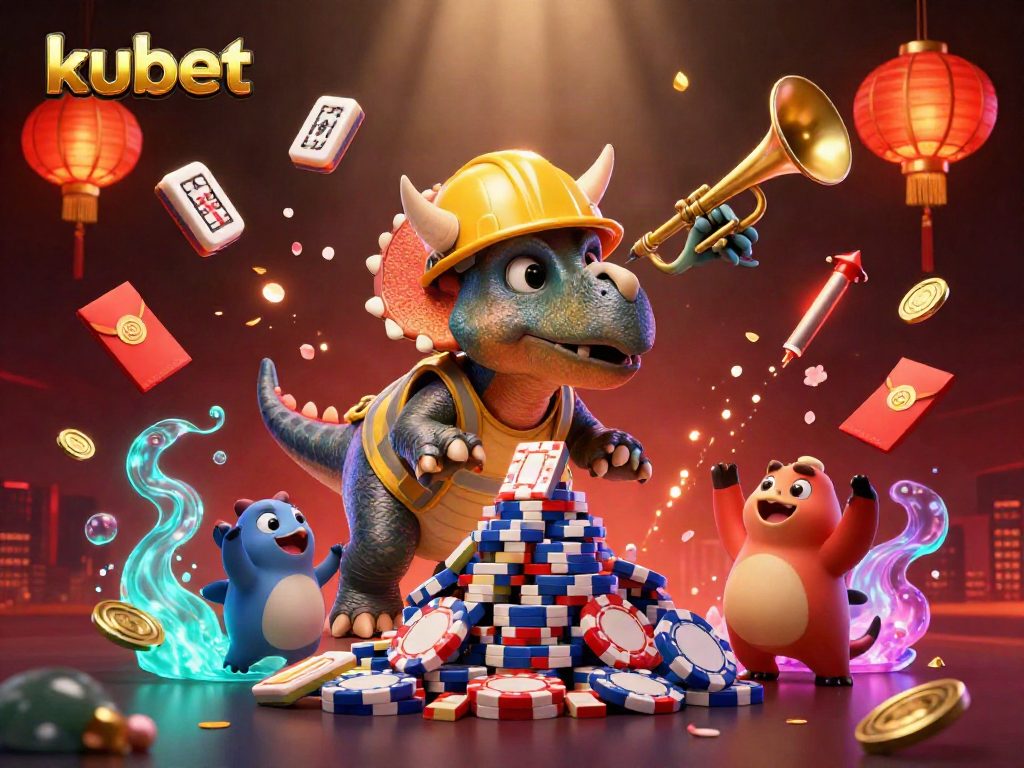 Celebrate with kubet as a triceratops builds a poker chip pyramid in a vibrant casino atmosphere.