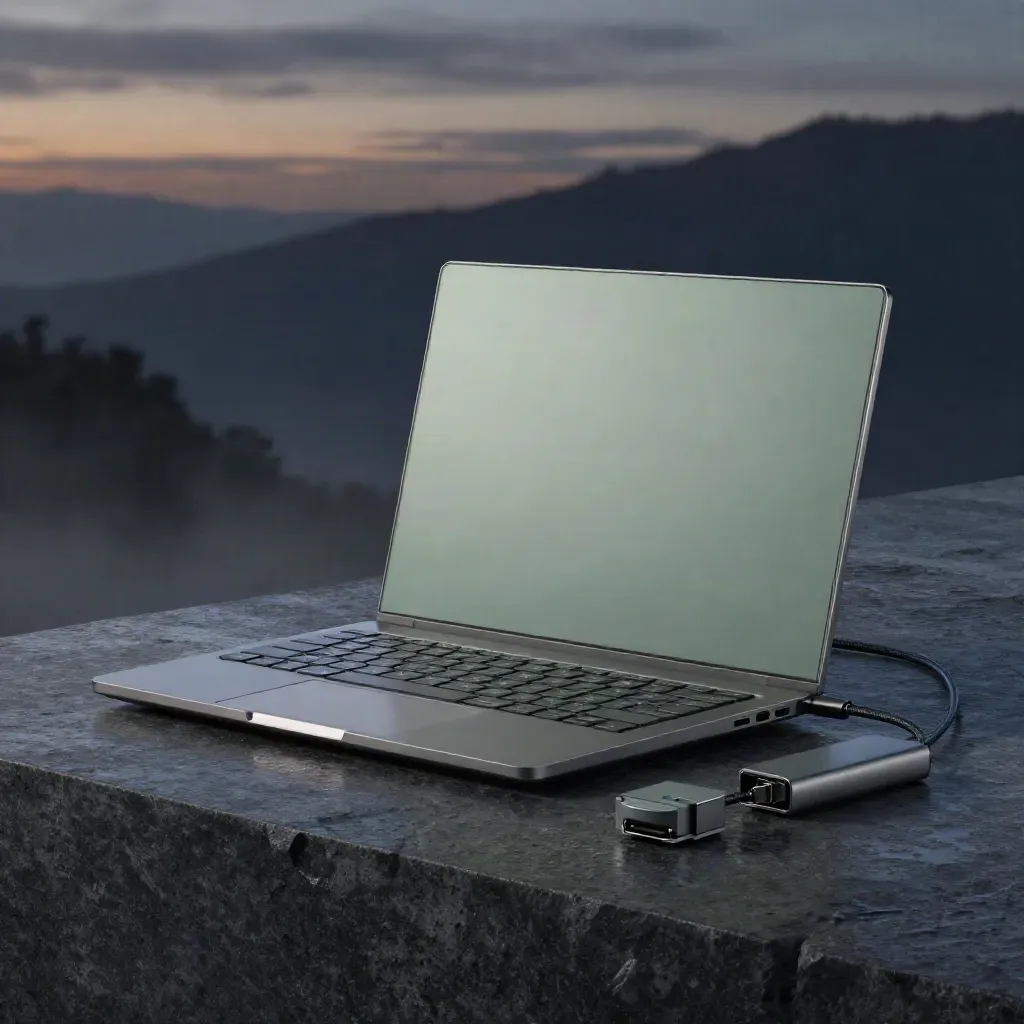 Closed laptop, blank-key keyboard, dock, cable loop, and adapter blocks on dark stone.