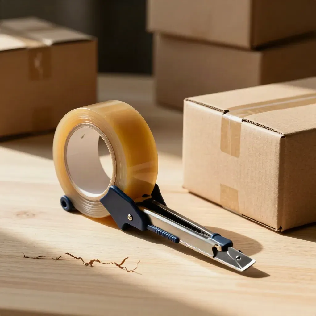 Packing tape gun, kraft box corner, and utility cutter on pale wood in dramatic studio light.