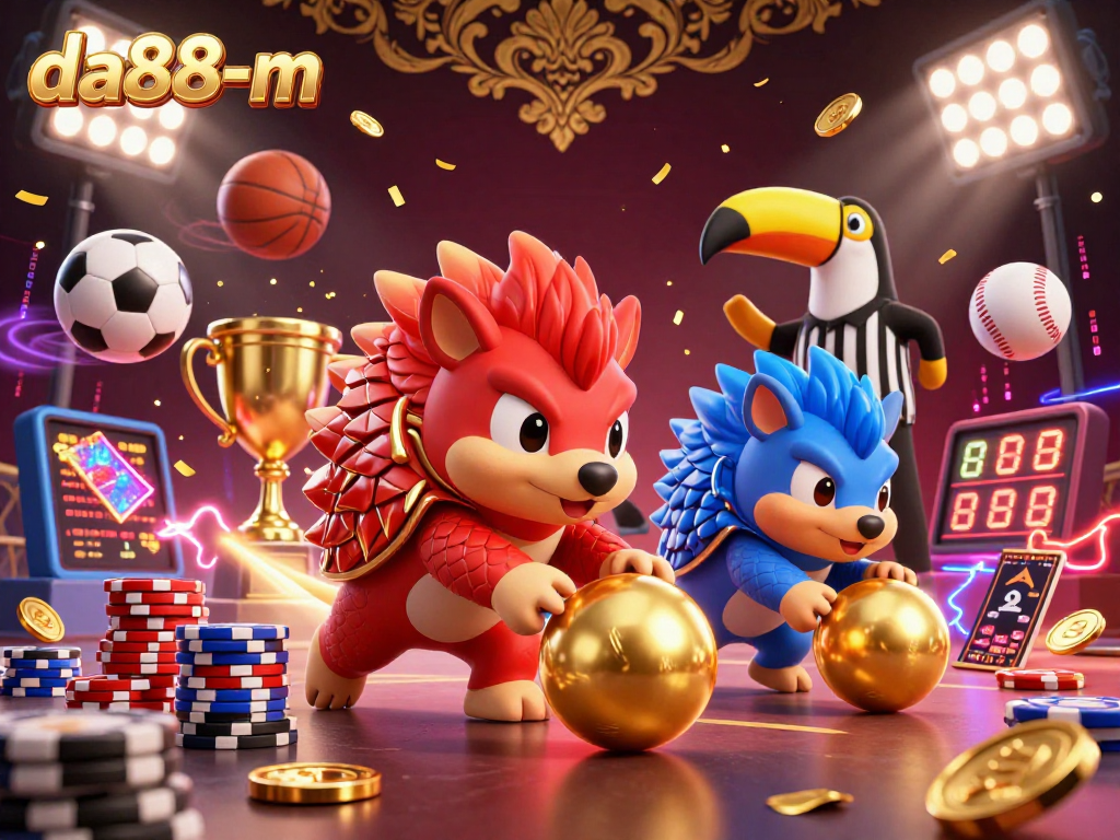 Experience thrilling gameplay at da88-m as rival pangolins bowl through poker chips in a vibrant casino scene.