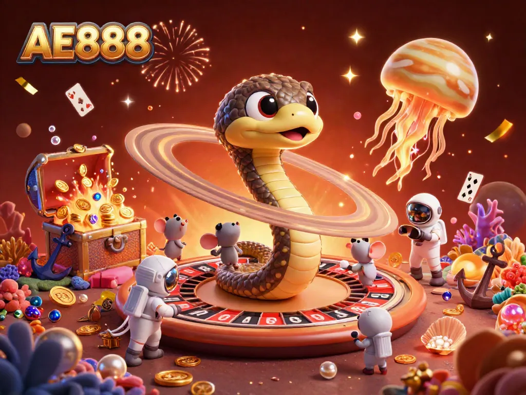 Engage with AE888's lively casino scene featuring cartoon characters, betting action, and vibrant elements.