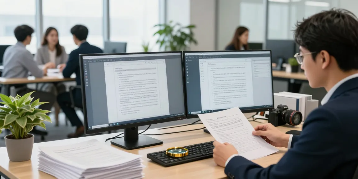 Office scene illustrating document fraud detection process with compliance officer analyzing discrepancies in digital documents