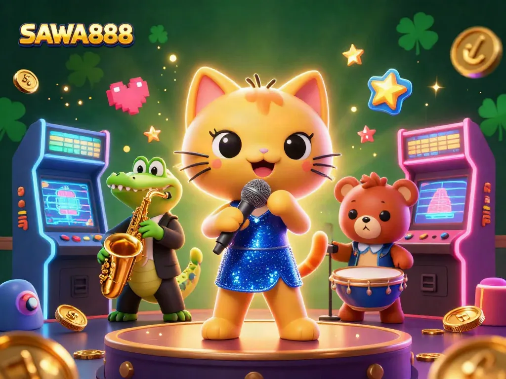Experience the excitement at SAWA888 with a lively casino scene featuring engaging characters and vibrant game elements.