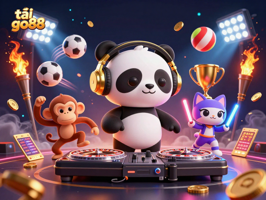 Engage in thrilling gaming with tải go88 while a DJ panda spins on roulette wheels.