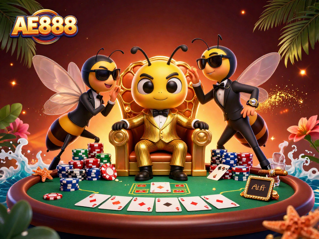 Engage with AE888's poker strategy in a vibrant, dynamic casino atmosphere.