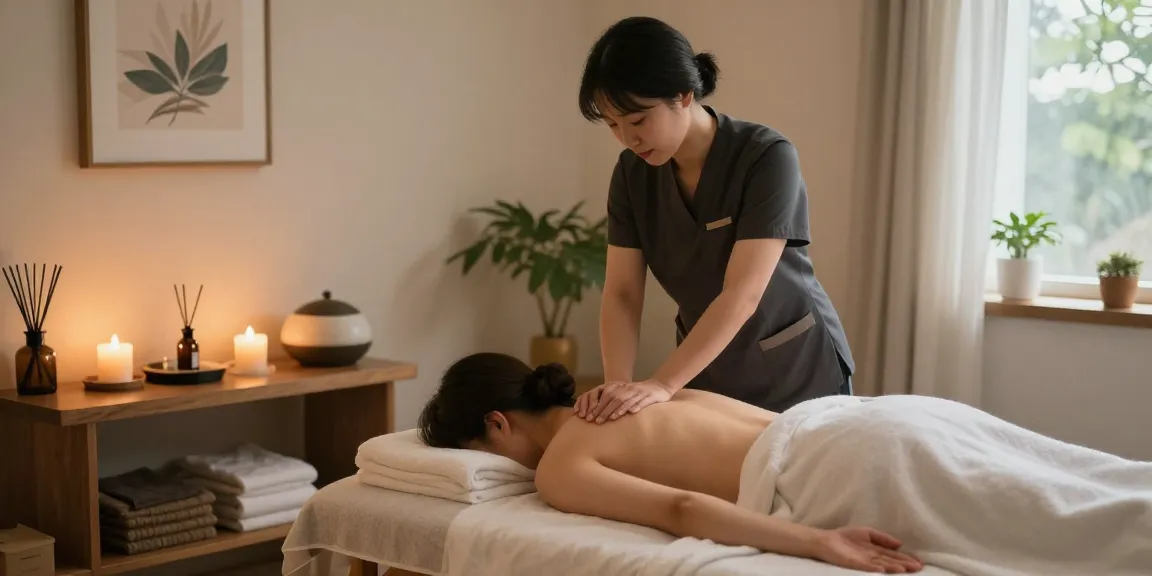 Relaxing 의정부출장안마 massage scene with therapist and soothing ambiance.