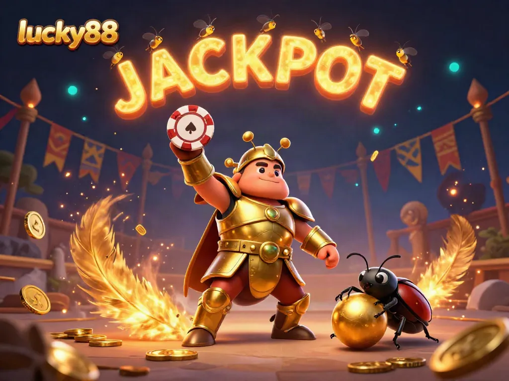 Engage with lucky88's vibrant gaming universe featuring a victorious beetle in golden armor amidst glowing jackpot elements.