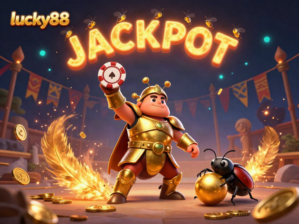 Engage with lucky88's vibrant gaming universe featuring a victorious beetle in golden armor amidst glowing jackpot elements.